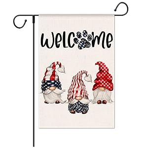 Jartinle Welcome Gnomes Garden Flag Double Sided, 4th of July Decorative Patriotic American Flag Paw Print for Outside Yard Outdoor Memorial Day Decoration 12.5x18
