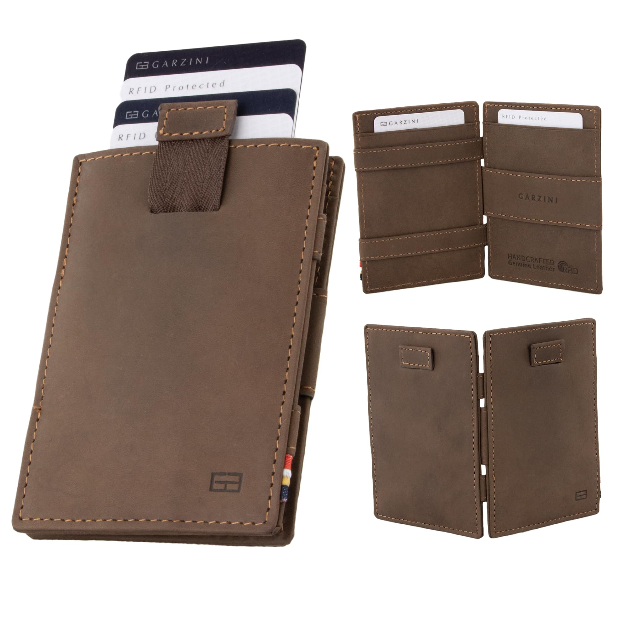 Garzini Magic Wallet with Pull-Tab, Mens Wallet Leather, ID Card Holder RFID Blocking, Slim Wallet for Men for 12 Cards, Java Brown