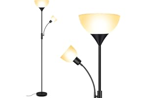 BOOSTAREA Floor Lamp, Standing Lamp, Torchiere Floor Lamp with Adjustable Reading Lamp, 71" Tall Pole Lamps, 3 Way Switch, Plastic Lampshade, Corner Floor Lamps for Living Room, Bedroom(E26 Base, No Bulb)-Black