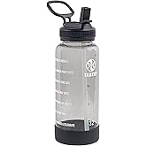 Takeya Tritan 32 oz Motivational Water Bottle with Straw Lid - Durable, BPA-Free - With Time Marker - Leakproof & Non-Slip Bumper - Stormy Black