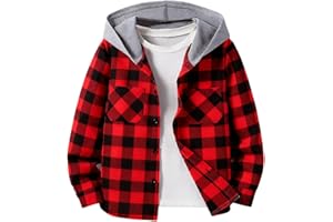 Boys Girls Flannel Shirt Jacket with Hood, Kids Long Sleeve Button Down Plaid Hoodie Shirts Shacket 5-14 Years