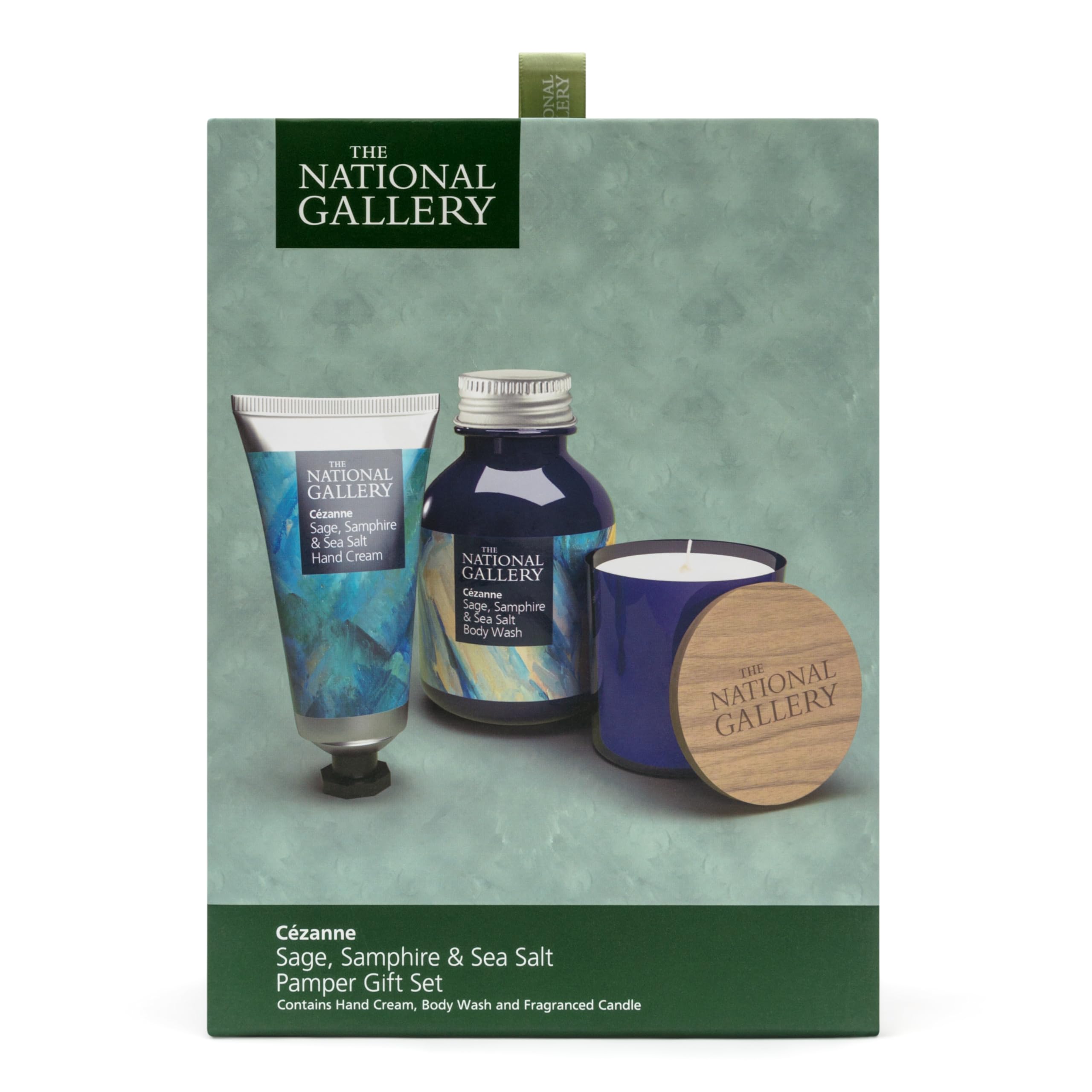 Luxury Bath Gift Set for Women – Pamper Spa Gift Set with Body Wash, Hand Cream & Soy Candle – Vegan Self Care Gift – Sage Samphire & Sea Salt – National Gallery Pamper Set - Mothers Day Gift