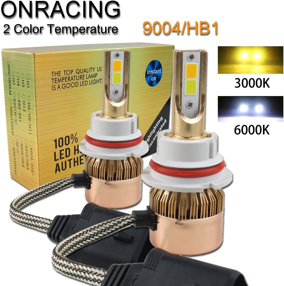 Dual Beam Color 9004 Hb1 Changing Yellow Led Headlight Bulbs Conversion Kit Low 3000k Amber High 6000K White Replacement Extreme Bright Plug and Play 9004 Hb1(HB5/9007)