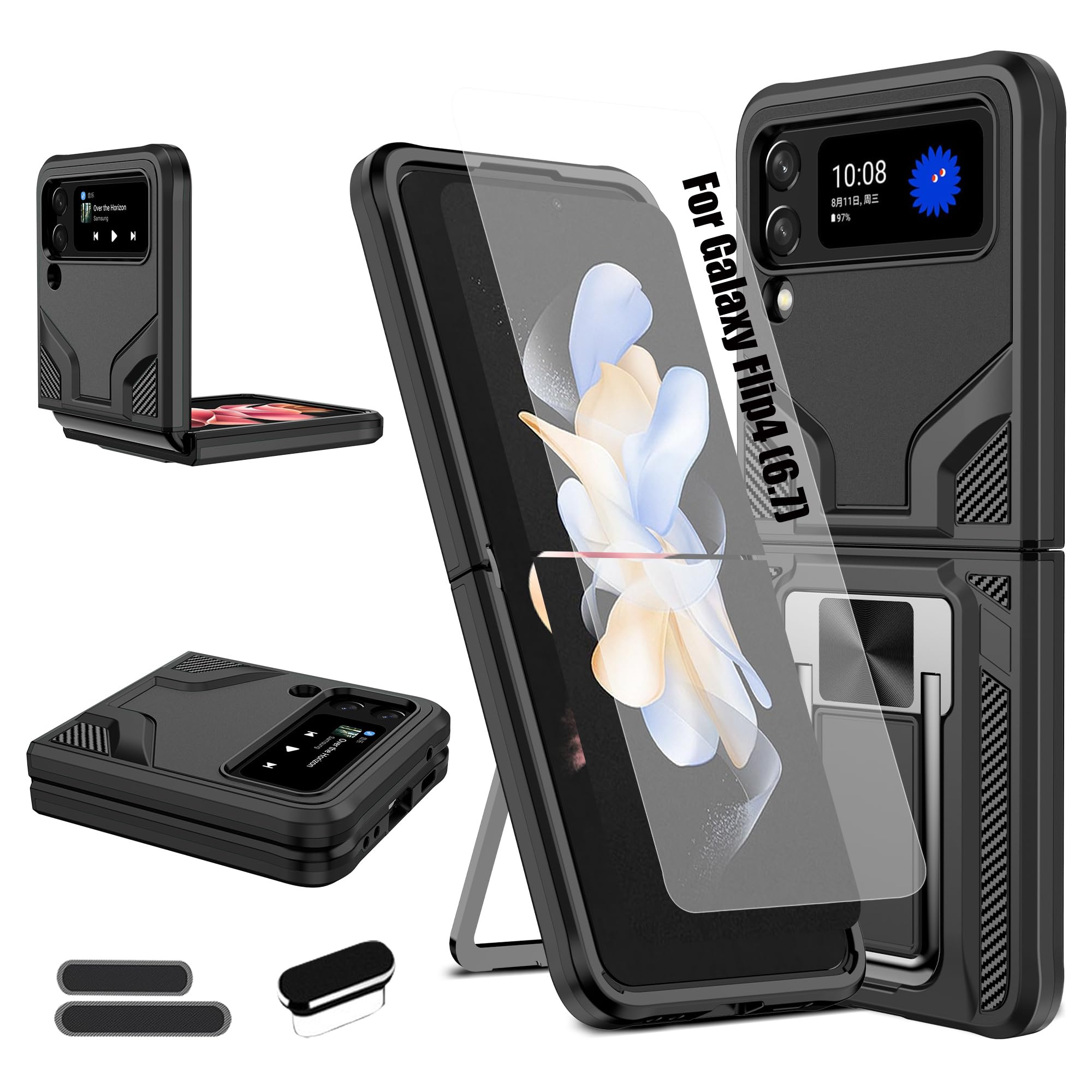 Photo 1 of LMDAMZ Compatible Galaxy Z Flip4, Anti-Fall Heavy Duty Military Grade Shockproof Kickstand Case Double Protection (TPU+PC) Solid and Durable Magnetic Car Phone Case, Suitable for 6.7 Inch-Black