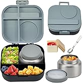 BOSEDSANG Bento Lunch Box for Kids with 12oz Soup Thermo,4 Compartments Lunch Box Containers Kids, Spoon&Sauce Jar, BPA Free&Leak proof,Insulated Food Jar for Travel(Black)