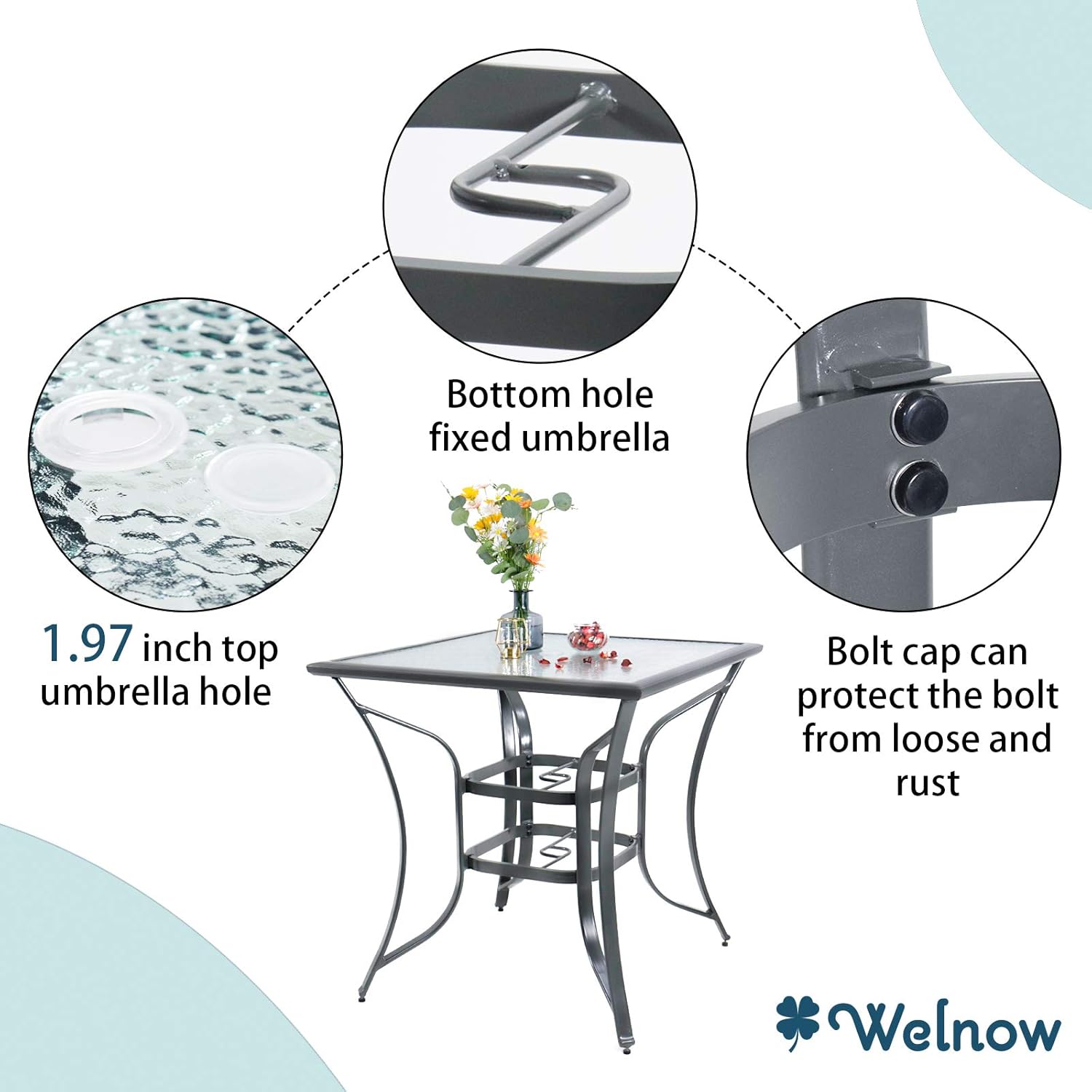 Welnow 36" Outdoor Patio Dining Bar Table Aluminum Square Bistro Table Height Bar Table Outdoor Furniture Garden Backyard Table, Ripple Tempered Glass Table Top with Umbrella Hole, Deep-Gray: Kitchen & Dining