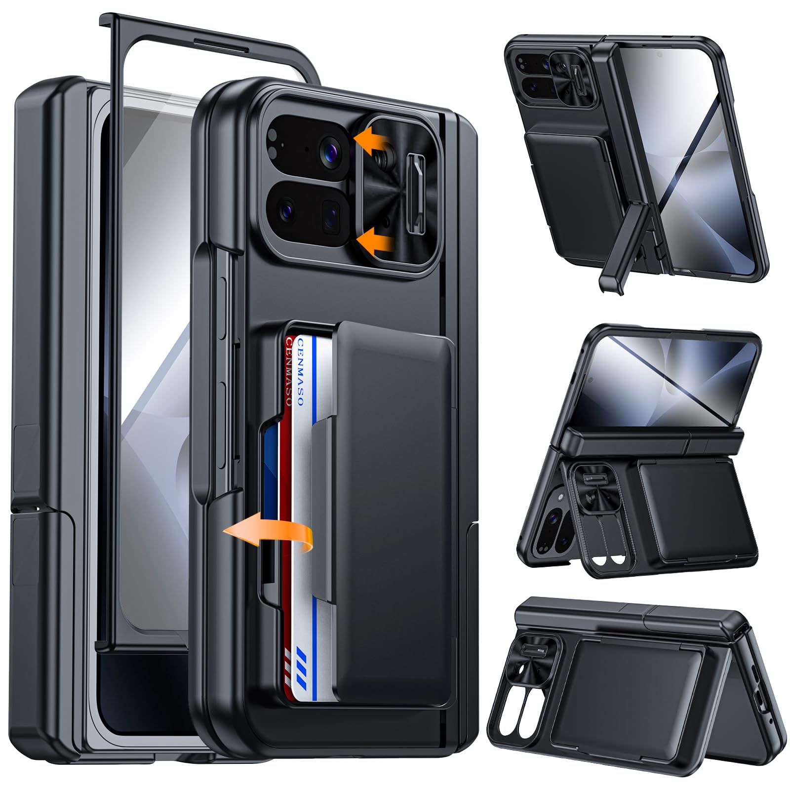 Photo 1 of CENMASO for Google Pixel 10 Pro Fold Case with Card Holder [RFID Blocking] Camera Cover, Hinge Protection, Dual Hidden Kickstand, Screen Protector, Shockproof Phone Case for Pixel 10 Pro Fold (Black)
