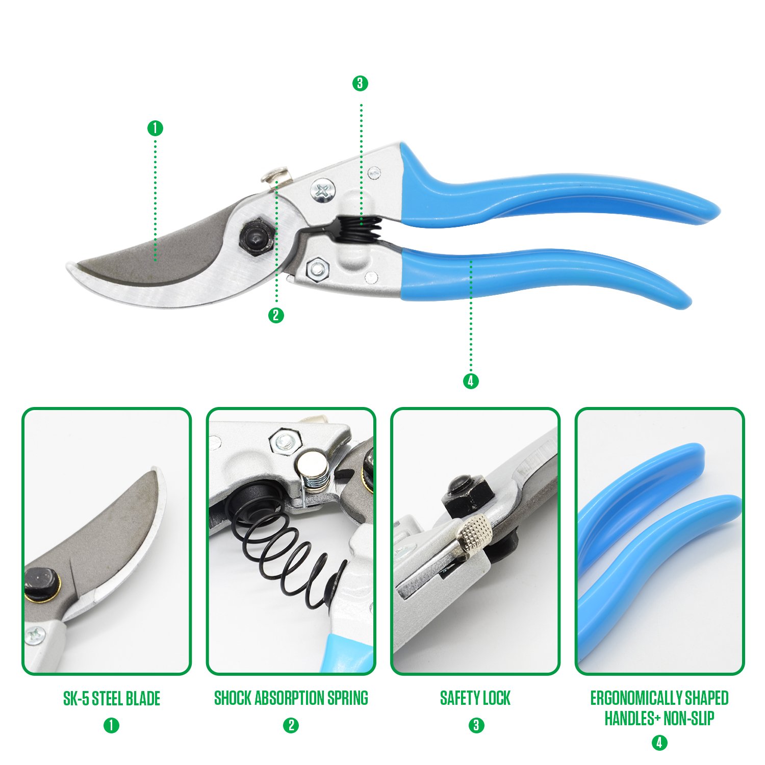 Allescool Cesoie potatura,Forbici da Giardino Professionale SK-5 Lama di acciaio,Forbici per potatura multifunzione con Lama,progettare risparmiare sforzo