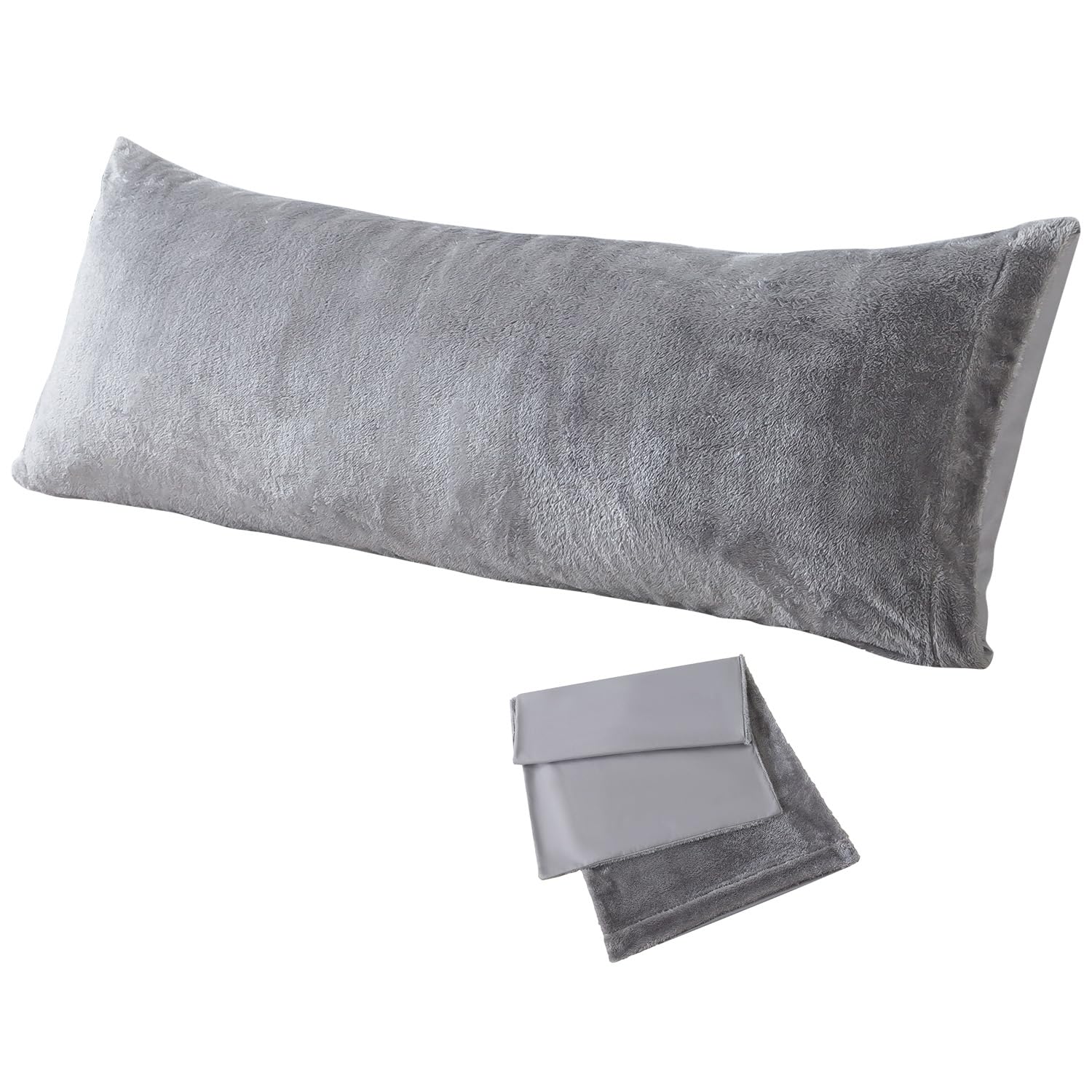 Whatsbedding Sherpa Body Pillow Cover, Ultra Soft Faux Fur Body Pillowcase, Luxury Shaggy Plush Long Pillowcase, Envelope Closure - Grey (20x54 inch)
