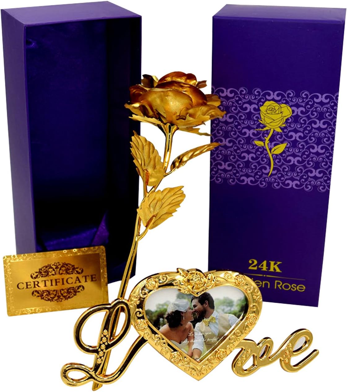 Natali Artificial 24K Golden Rose & Beautiful Golden Love Photo Frame Flower Stand