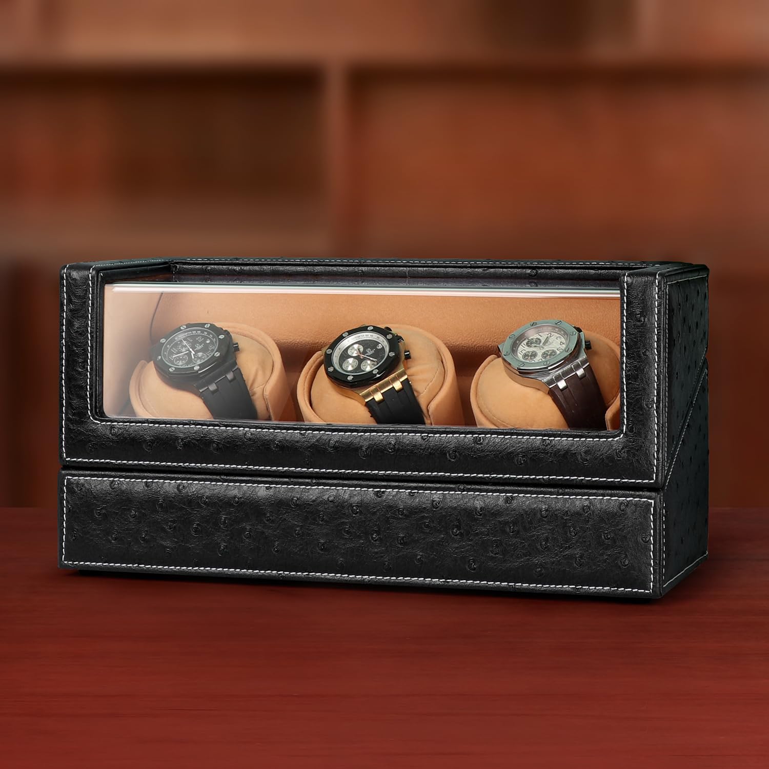 DRIKLUX Automatic Watch Winder for Rolex and Other Luxury Watches - Automatic Winder with Quiet Motor, Premium Black Ostrich Leather Exterior and Soft Flexible Watch Pillows of Camel Velvet