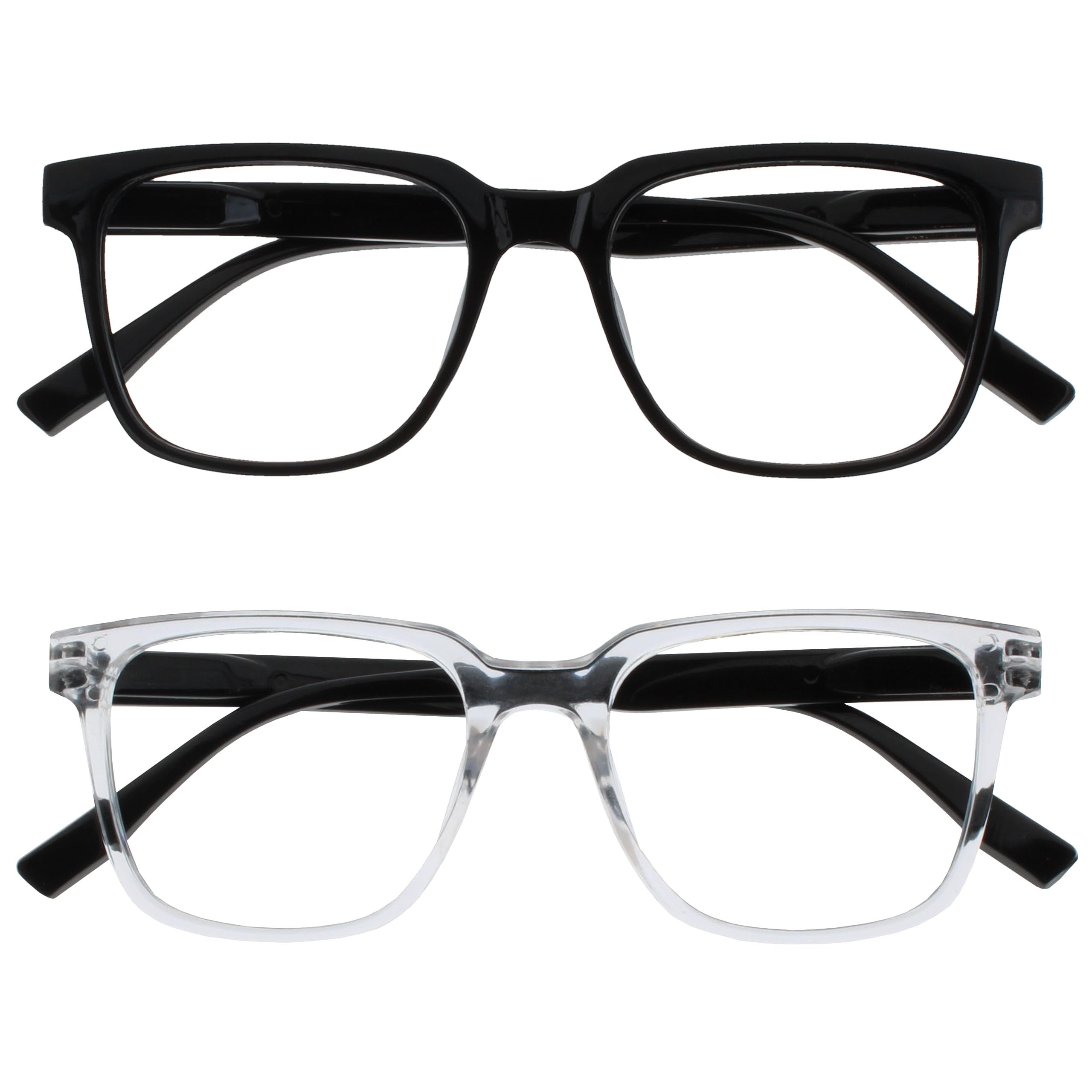 OPULIZE LEO Reading Glasses - 2 -Pack - Large Rectangular Frame - Black, Clear - Mens Womens - Spring Hinges - RR55-1C - +2.00