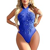 Girece Women One Piece Lingerie Sexy Sheer Teddy Mesh Bodysuit Snap Crotch One Piece Babydoll (Blue,M)