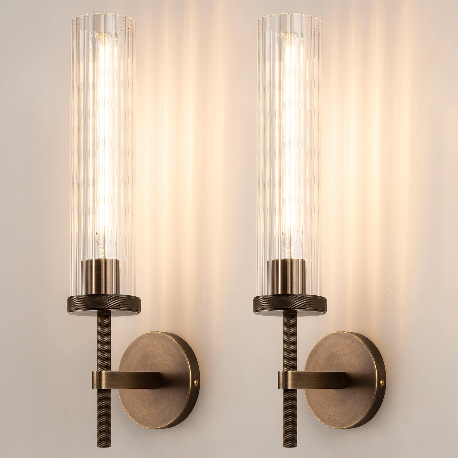 Photo 1 of 19.5" Knurled Brass Wall Sconces Set of 2, Bronze Bathroom Vanity Light Fixtures with Vertical Striped Glass Tube, Modern Lamp Lighting for Bedroom, Living Room, Hallway, Staircase, Mirror, Kitchen