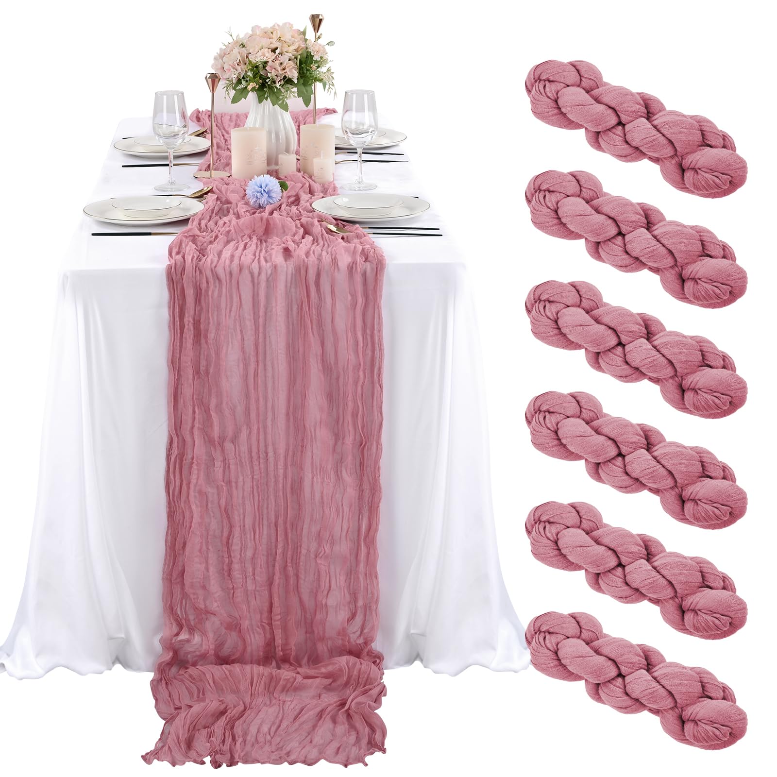 Photo 1 of 6 Pcs Dusty Rose Cheesecloth Table Runner 10FT, Gauze Table Runner for Wedding Reception Sheer Bridal Shower Birthday Party Boho Table Decoration, Rustic Romantic Wedding Runner