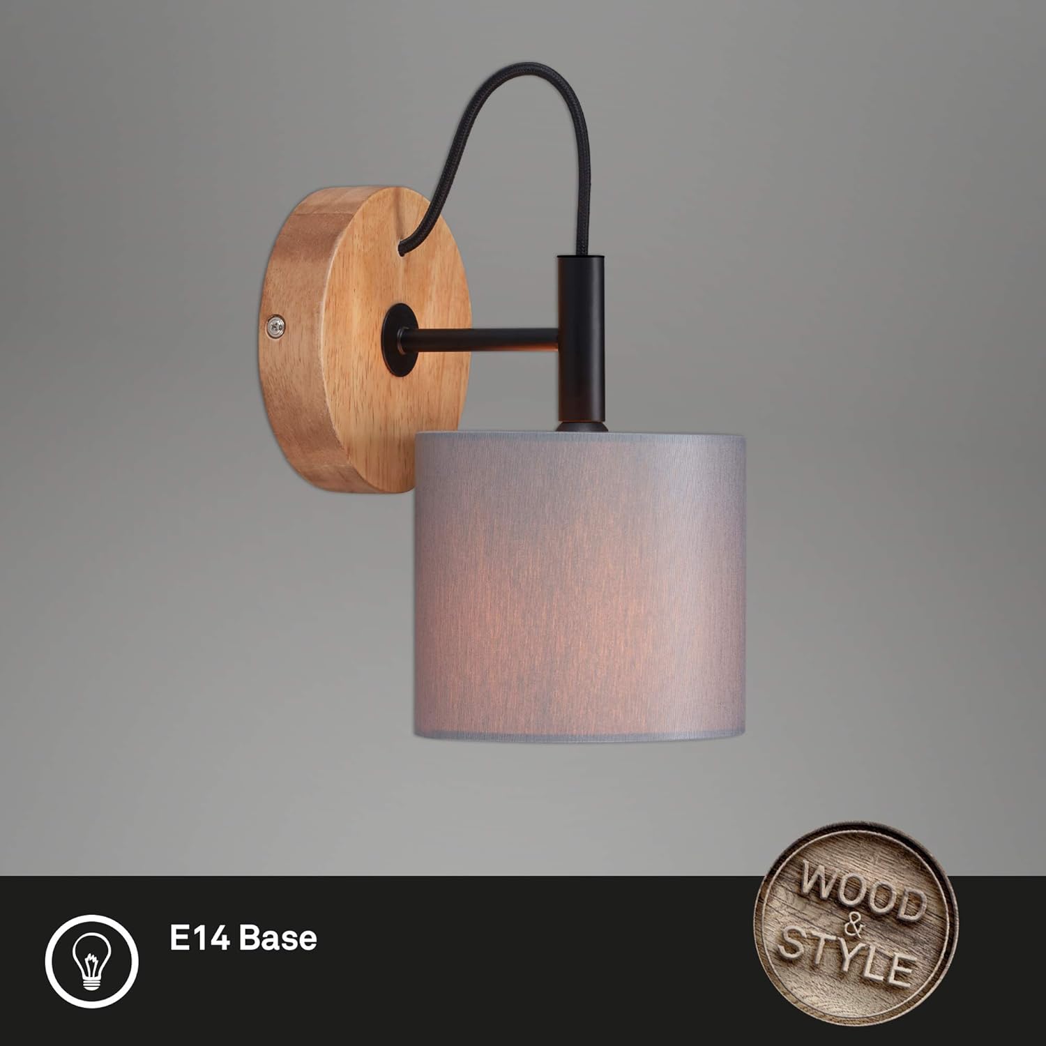 BRILONER Leuchten Spotlight, Wall Light Retro, Vintage, 1x E14, Metal incl. Fabric Shade, 125x178mm (DxA), Black-Wood-Grey, 2075-014 - Image 3