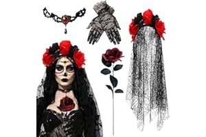 Costume Jour des morts pour femme, ensemble voile Jour des morts avec gants, autocollant pour le visage, accessoires de costu