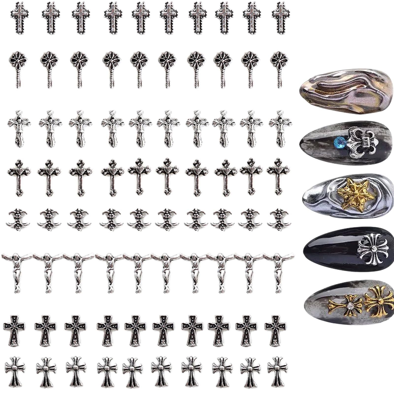 Leeneen 80Pcs Silver Metal Cross Nail Charms for Nails Design,Y2K 3D Chrome Nails Art,Vintage Alloy Cross Heart Skull Acrylic Charm for Women, Halloween Nail Supplies (s1)