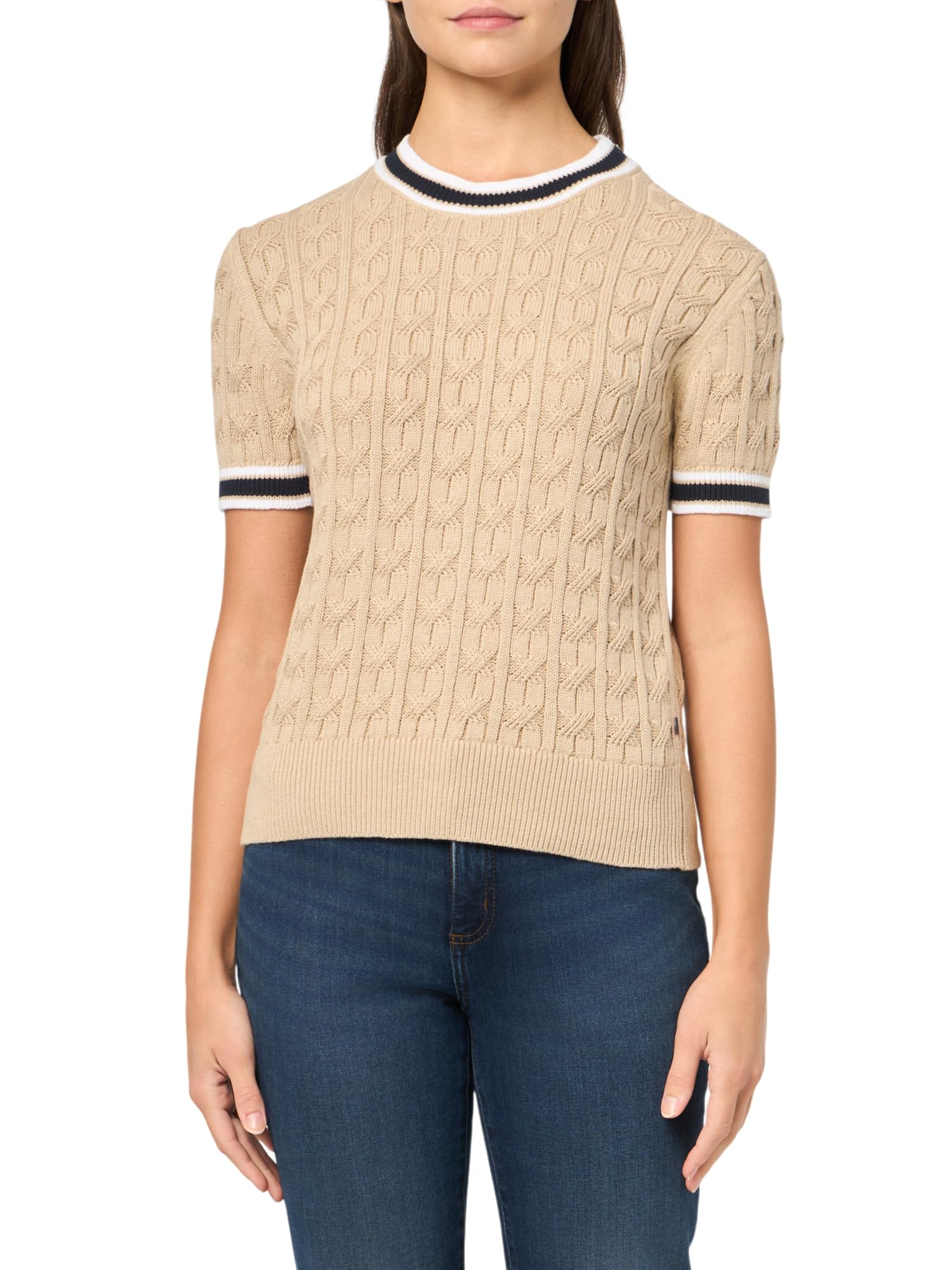 Tommy Hilfiger Women’s Short Sleeve Cable Sweater, Khaki Multi, X-Small
