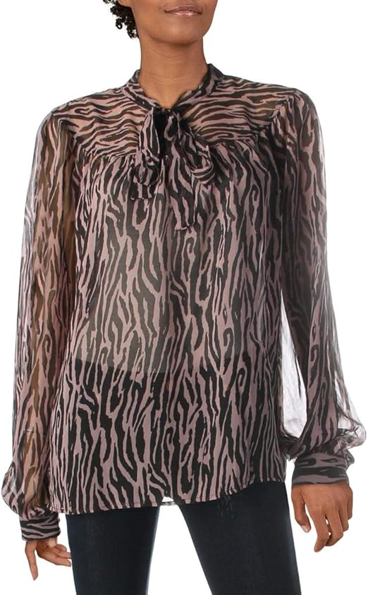 animal print tie neck blouse