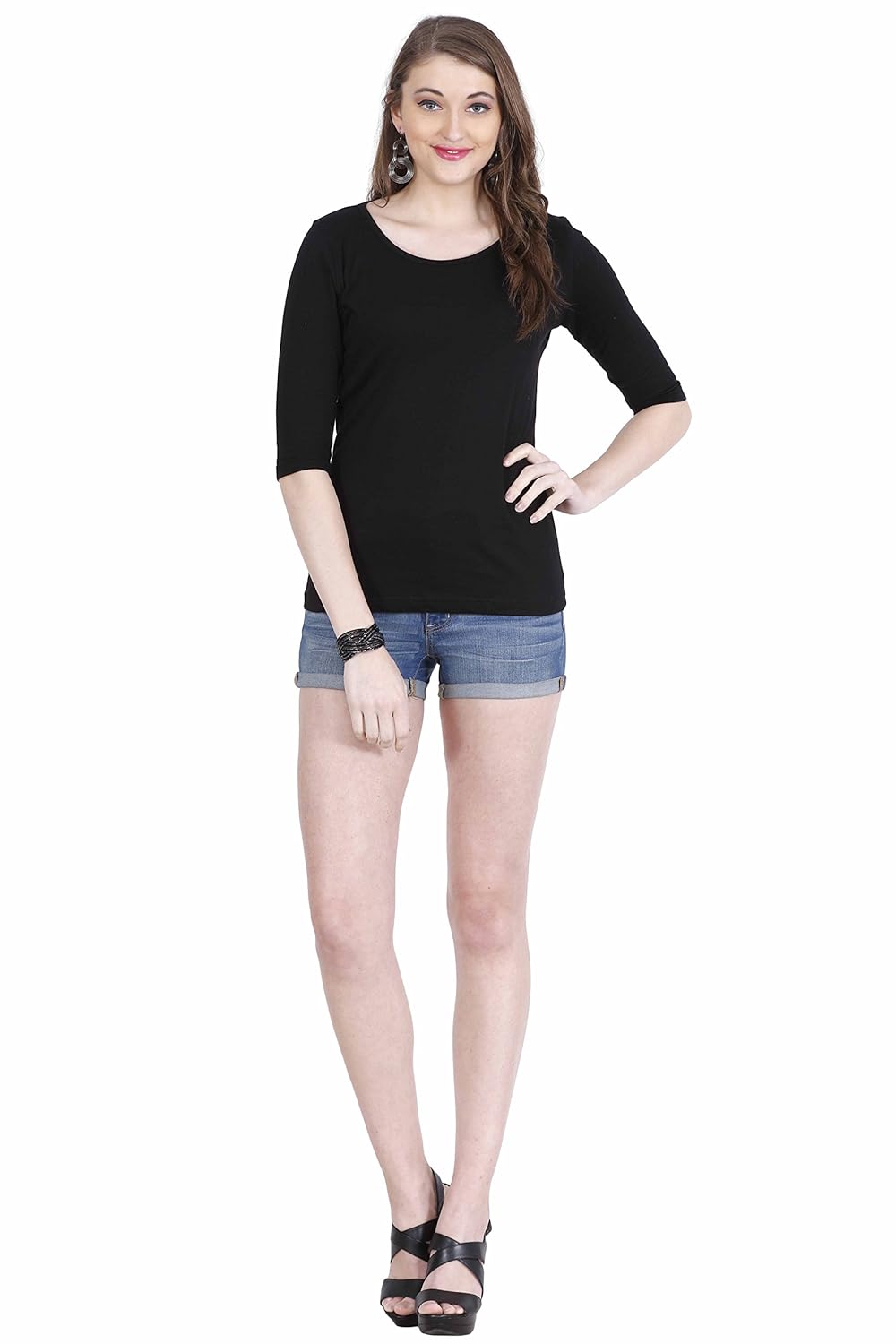 adalicia women's 3/4th sleeve black cotton casual wear top