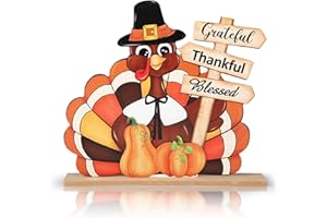 Sophena Thanksgiving Decorations Wooden Turkey Pumpkin Table Sign, 10.9 x 11 inches, Modern, Colorful, Tabletop, Wood