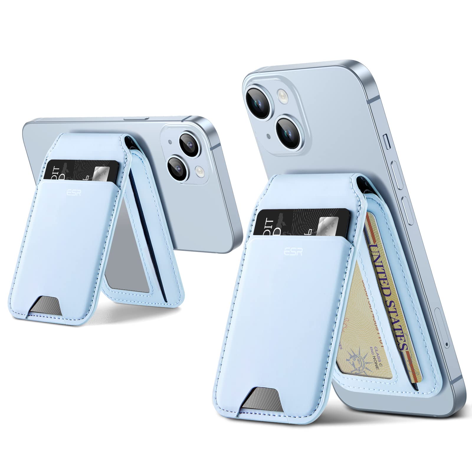Photo 1 of ESR Magnetic Wallet, Compatible with MagSafe Wallet with Adjustable Stand, for iPhone 17/16/15/14/13/12 Series, Not for iPhone 13/12 mini, 3 Card Holder, Vegan Leather, Blue