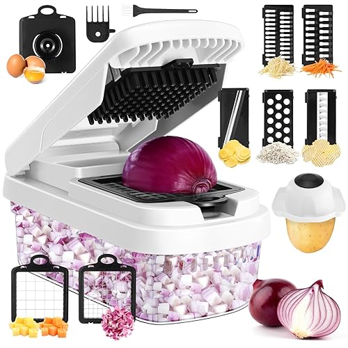Professional 12-in-1 Vegetable Chopper with 7 Stainless Steel Blades - Multifunctional Food Chopper for Dicing/Slicing Carrots, Potatoes, Onions, Garlic - Heavy Duty, BPA Free Kitchen Gadget (White)