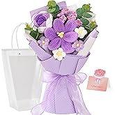 Alecono Crochet Flower Bouquet, Knitted Flowers, Purple Handmade Bouquet of Flowers for Lover Anniversary Birthday Party Mother's Day Graduation Gifts (Include Card)