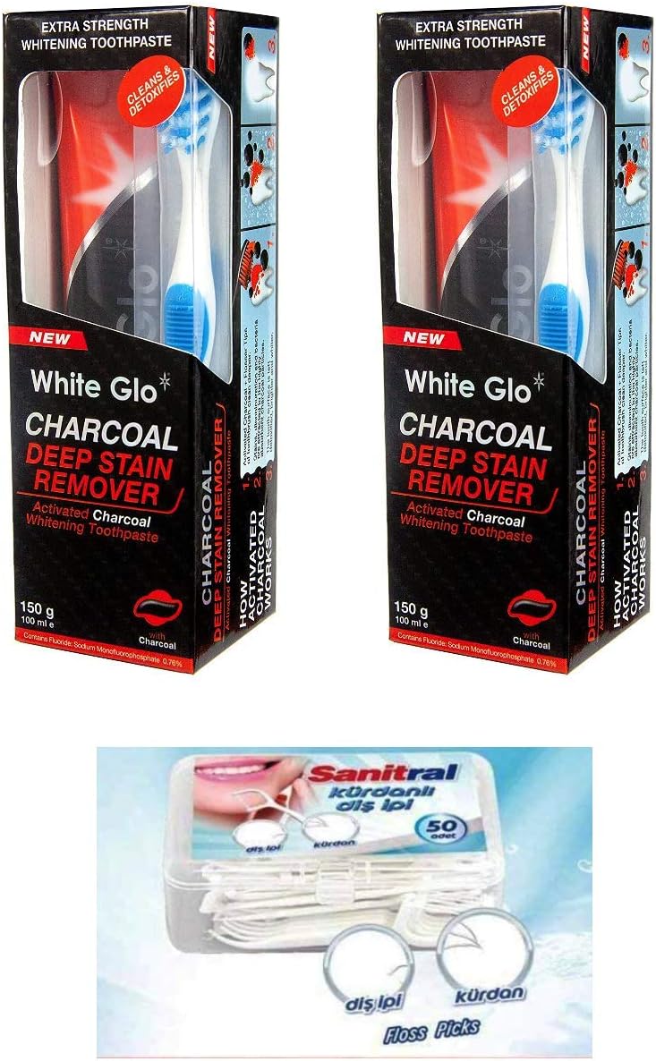 White Glo Charcoal Deep Stain Remover Toothpaste, 100ml -Pack of 2 with Sanitral 50 Pcs Dental Floss Stick Included as a Gift - Image 3