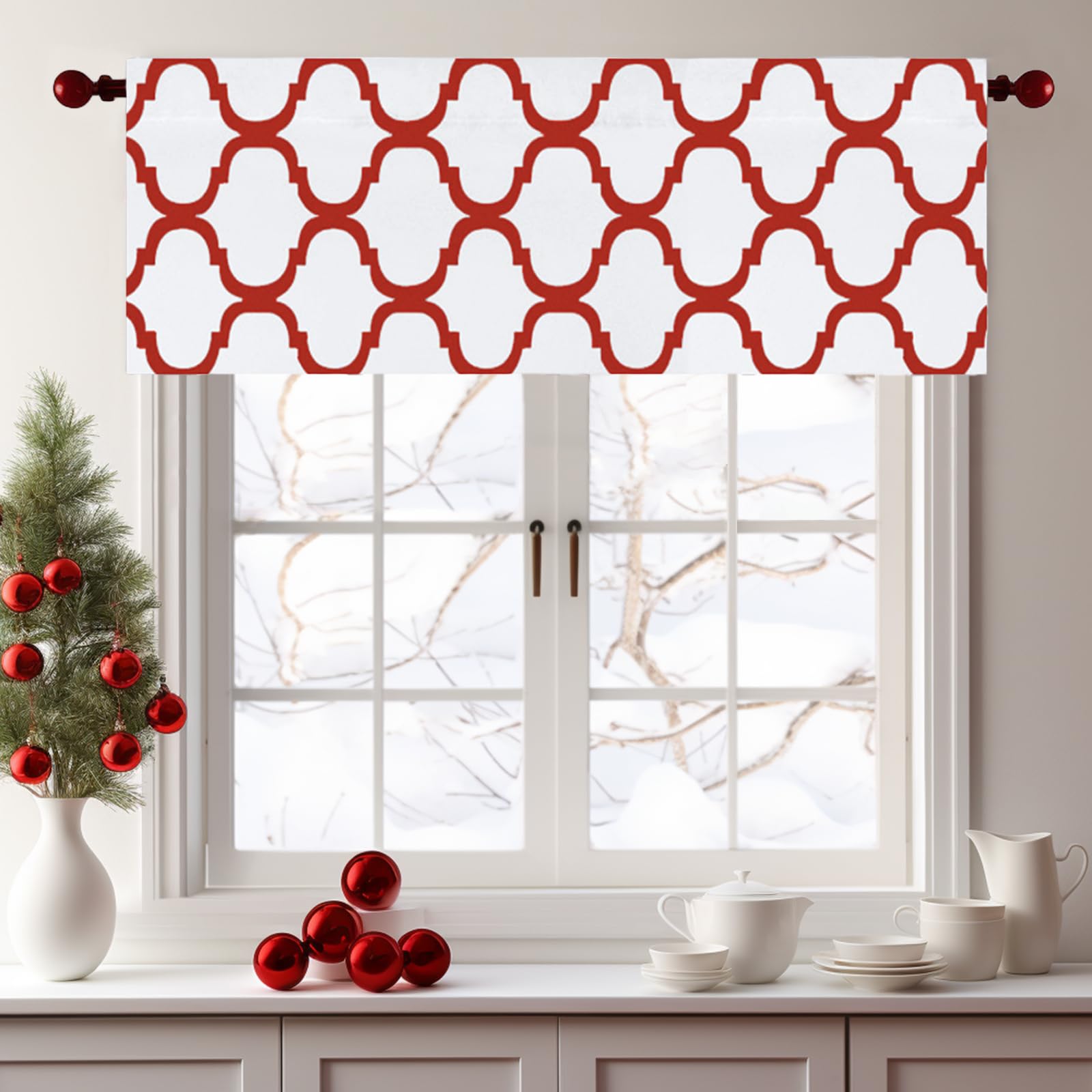 Melodieux Moroccan Fashion Room Darkening Rod Pocket Window Curtain Valance, 52 by 18 Inch, Off White/Red (1 Panel)