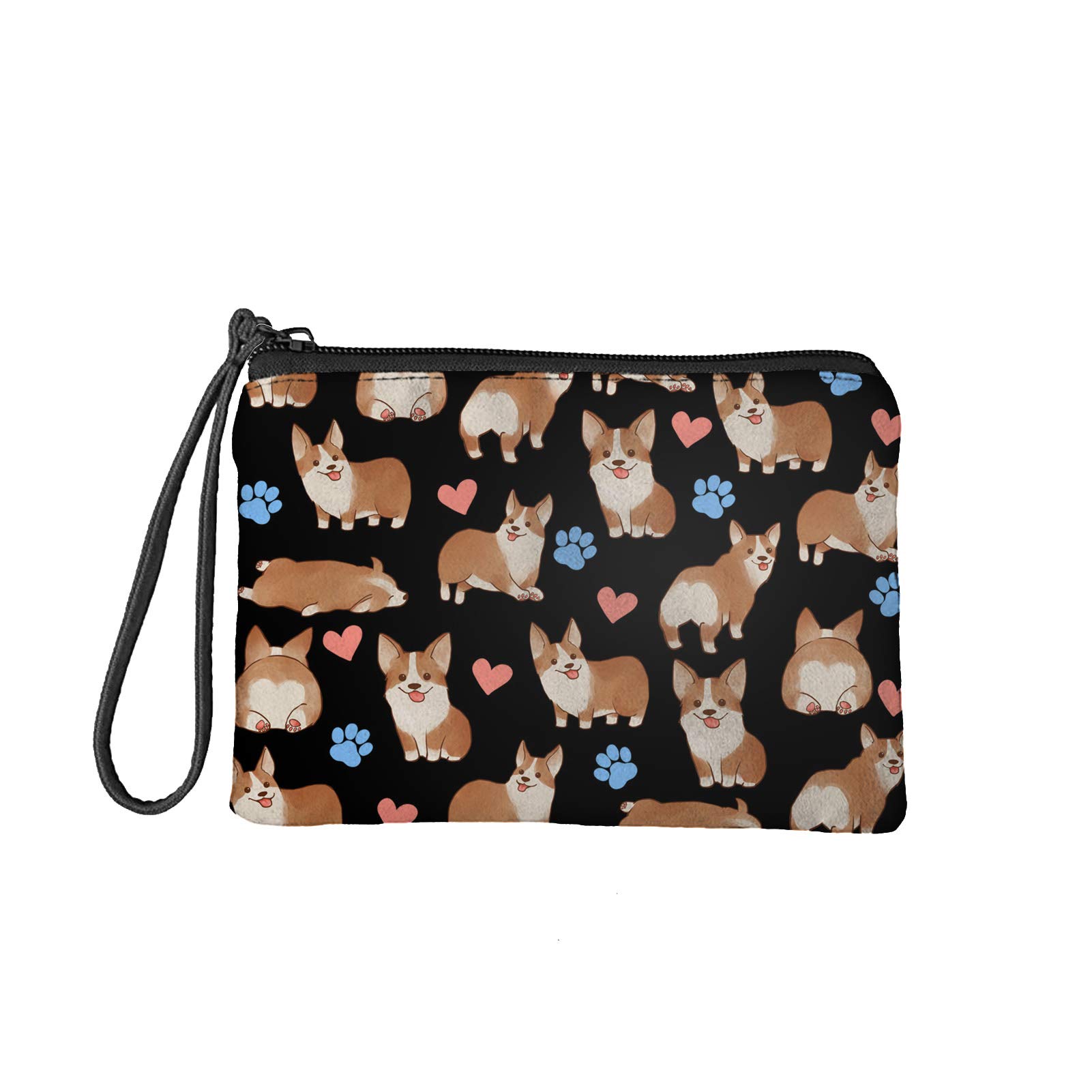 COEQINE Adorable Wallet with Zipper Corgi Print Coin Purse for Women Keychain Small Pouch Mini Tote Bag Handbag Card Holder Organizer,Black