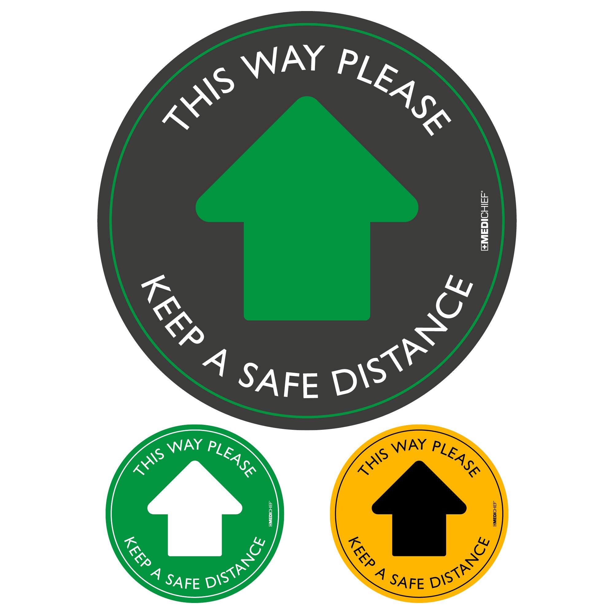 Medichief MFGB3 THIS WAY PLEASE Self Adhesive Arrow Floor Stickers | Pack Of 5 Hazard Warning Stickers For Social Distancing Black