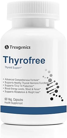 Trexgenics THYROFREE Comprehensive Thyroid Support with Ashwagandha 5%, Natural Herbs, Tyrosine, Magnesium, Iodine, Vitamin C, B-Complex, D3, Zinc,Selenium & Chromium (60 Veg. Capsules) (Pack of 1)