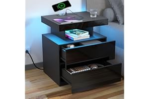 HOMMPA Black LED Nightstand with Charging Station 2 Outlets USB Port Type C, Bed Side Table with 2 Drawers & Wireless Charging Station, Smart LED Nightstand Modern High Gloss Night Table with Light