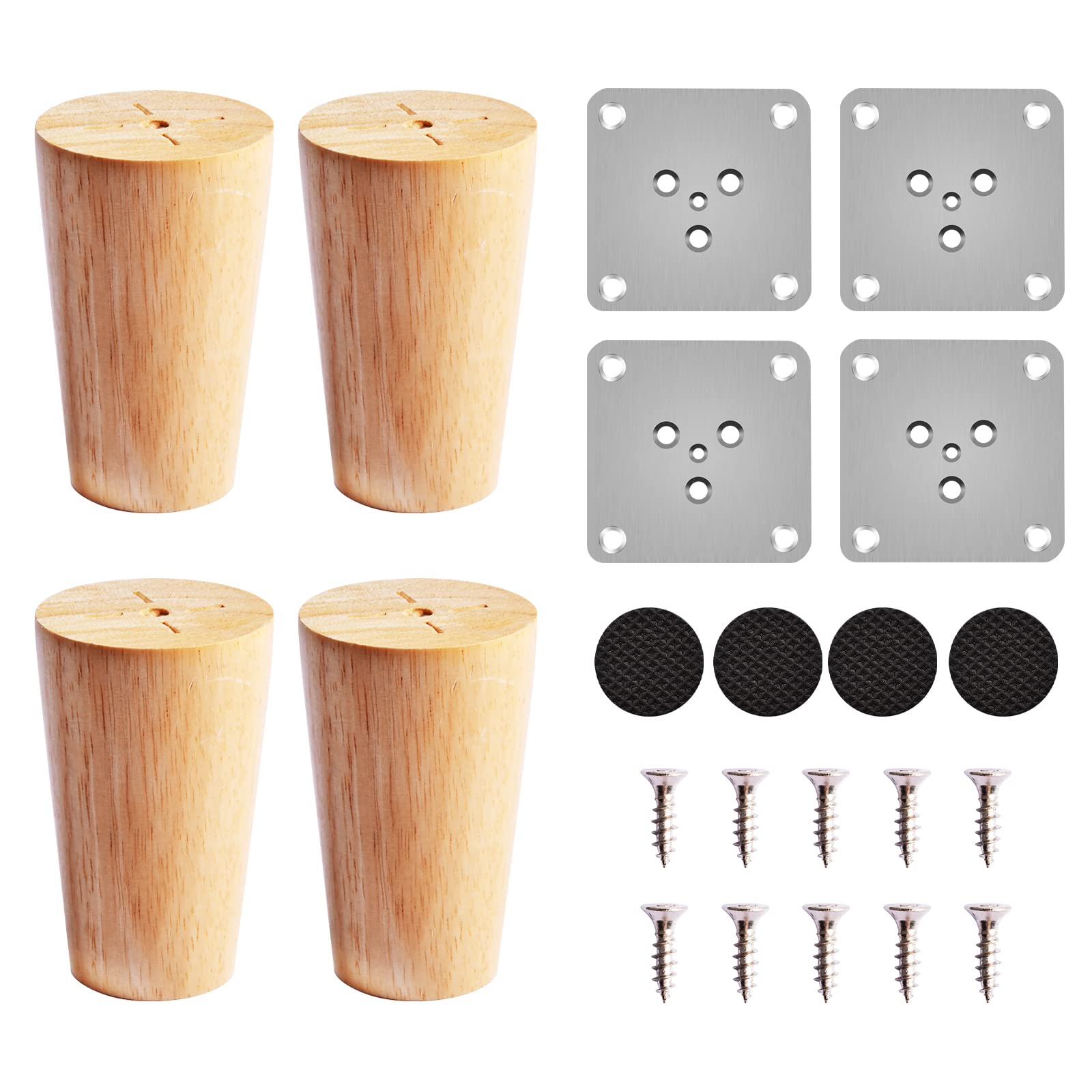 4 Pack Wooden Furniture Legs, 8cm Furniture Feet, Replacement Solid Wooden Sofa Legs, Straight Cone Chair Leg with 4pcs Felt Fiber Pads,4pcs Mounting Plate and Screws For Couch Table Dresser Bed Legs