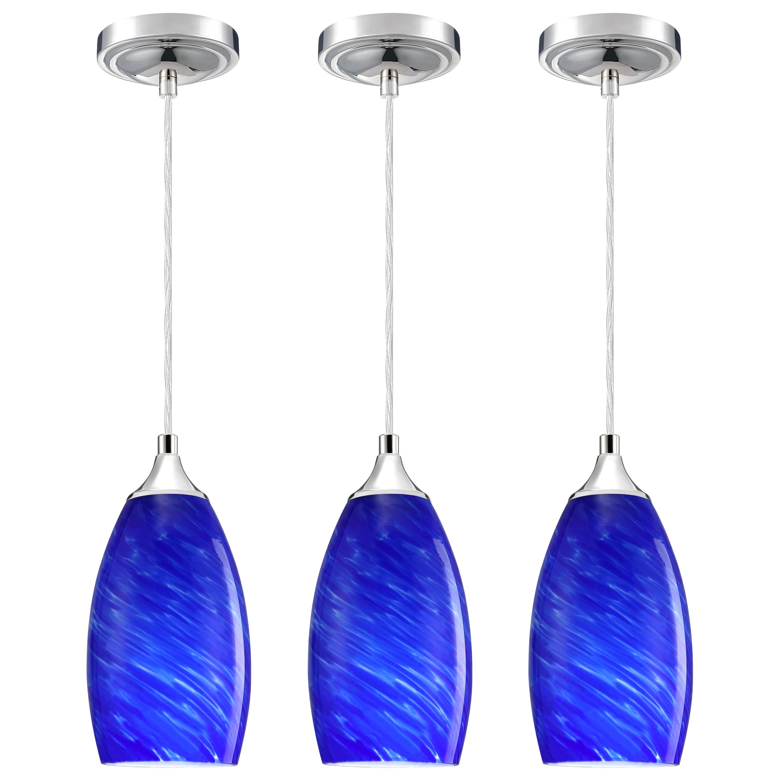 Photo 1 of Leading Lighting 3 Pack 1 Light Adjustable Indoor Mini Hanging Kitchen Island Pendant Lamps Polished Nickel Finish Blue Hand Blow Glass Chandelier Shade Bar Dining Room Kitchen Island