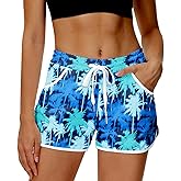 Deerose Women 4th of July Board Shorts Hawaiian Tropical Print Beach Swim Shorts with Pockets