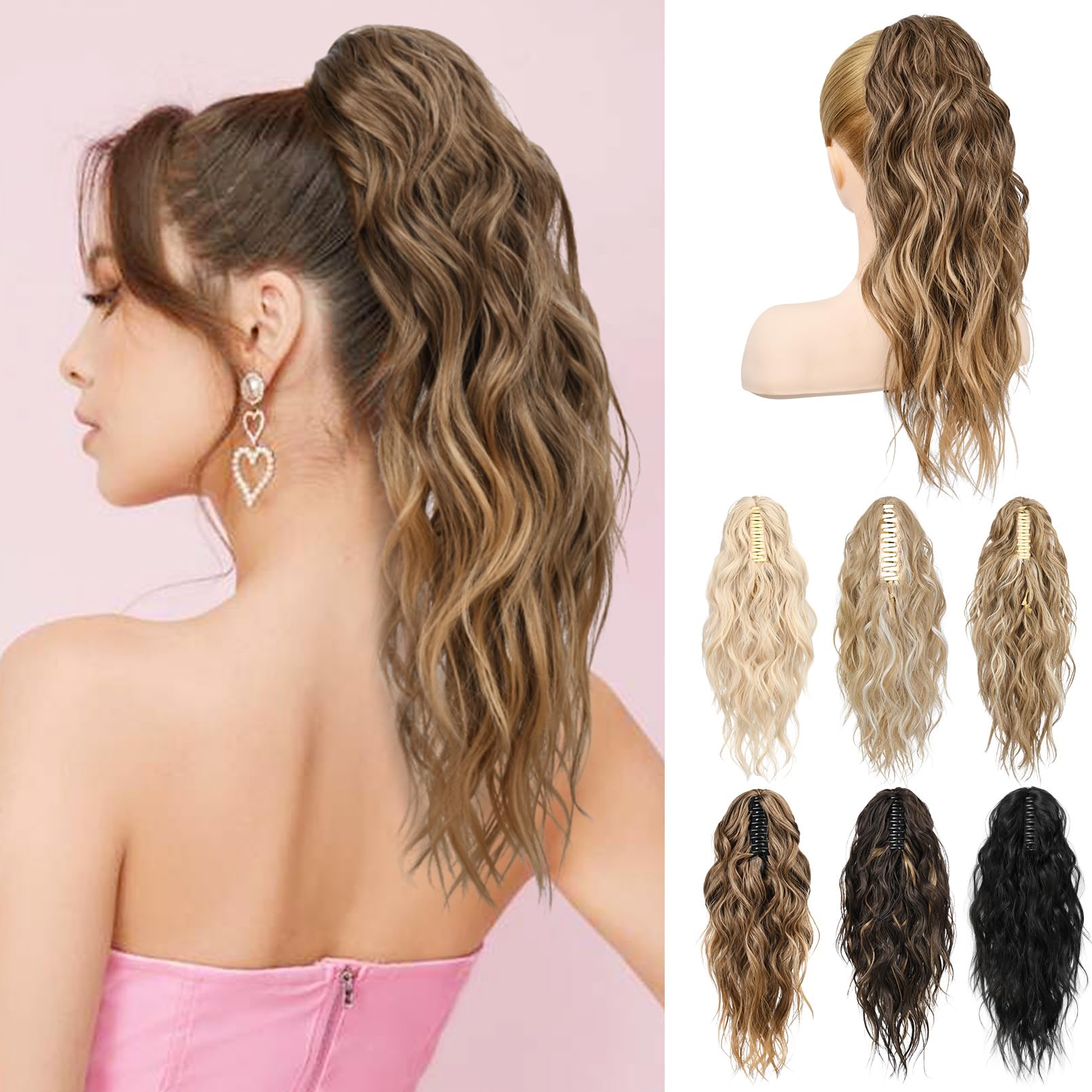 Photo 1 of LONAI Ponytail Extension, 18" Wavy Claw Clip Ponytail Extensions ZJ001 Shoulder Length Curly Wavy Claw Clip in Ponytail Hair Extensions Synthetic Fake Pony tails Hairpieces-Ash Brown