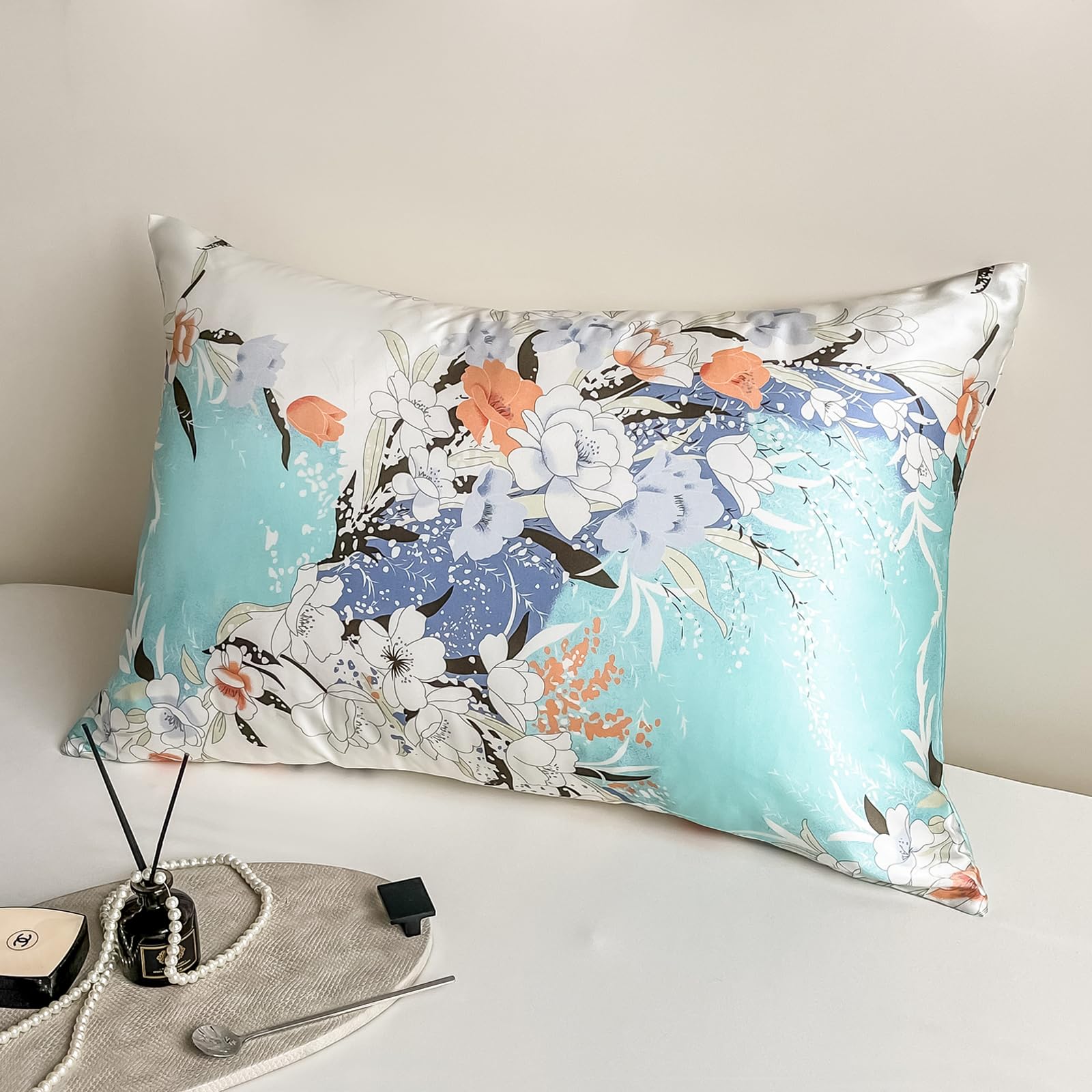 Photo 1 of 100% Pure Mulberry Silk Pillowcase Standard Size for Hair and Skin,Real Silk Pillow Cases with Zipper,Soft and Cooling,Both Sides Natural Slip Silk,Floral Print,1pc(20"x26", Pattern2)