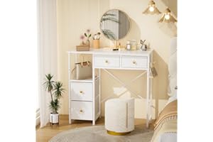 3IngSeagulls White Vanity Desk Without Mirror, Small Makeup Desk with 4 Fabric Drawers, 33.5 Inches Dressing Table with Storage, Vanity Table for Bedroom with Hook, White
