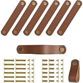 VYNYJOAN Leather Drawer Pulls 4.7 Inch 6 Pack Brown Leather Cabinet Handles Dresser for Room Kitchen Bathroom Furniture Holders Metal Cabinet Handles Replacement