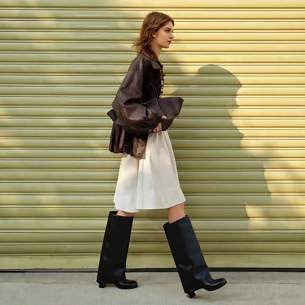 MEOLEE KNEE HIGH BOOTS WOMEN FOLD OVER CHUNKY HIGH HEELS LONG BOOTS ZIPPER ROUND TOE DRESS TALL BOOTS FOR WOMEN SIZE 9