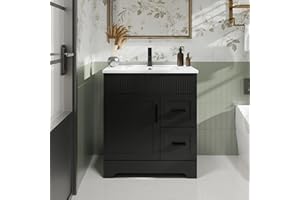 eclife 30" Bathroom Vanities Sink Combo with Painted Surface, Modern Drawered Cabinet W/Decorative Wave Lines, Undermount Single Sink, Matte Black Faucet Drain, Black