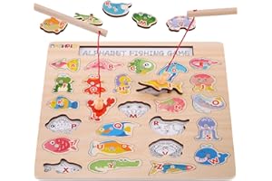 NASHRIO Magnetic Wooden Fishing Game Toy for Toddlers, Alphabet Fish Catching Games Puzzle with Letters, Preschool Learning ABC Educational Toys for 3 4 5 6 Years Old Girl Boy Kids