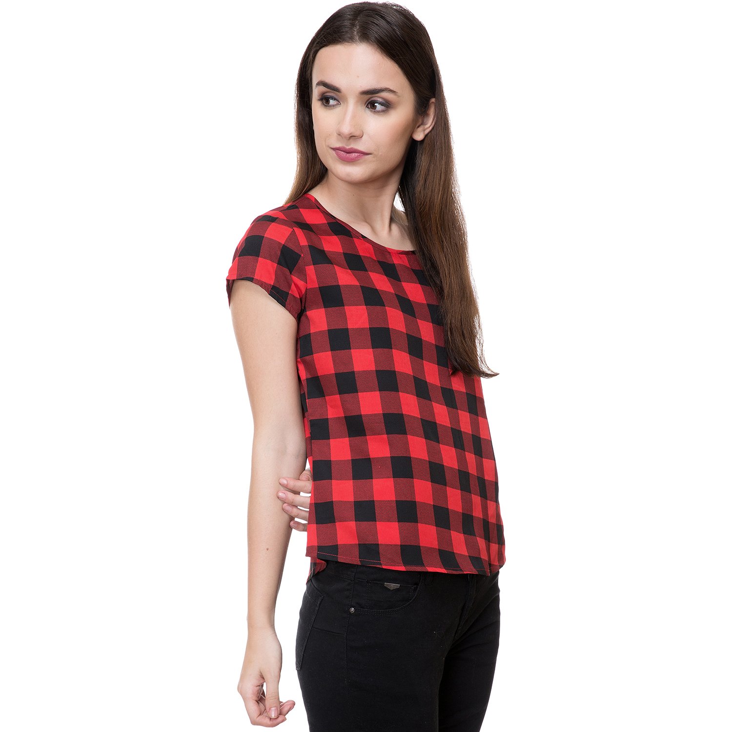 deewa red & black polycrepe round neck casual tops for women