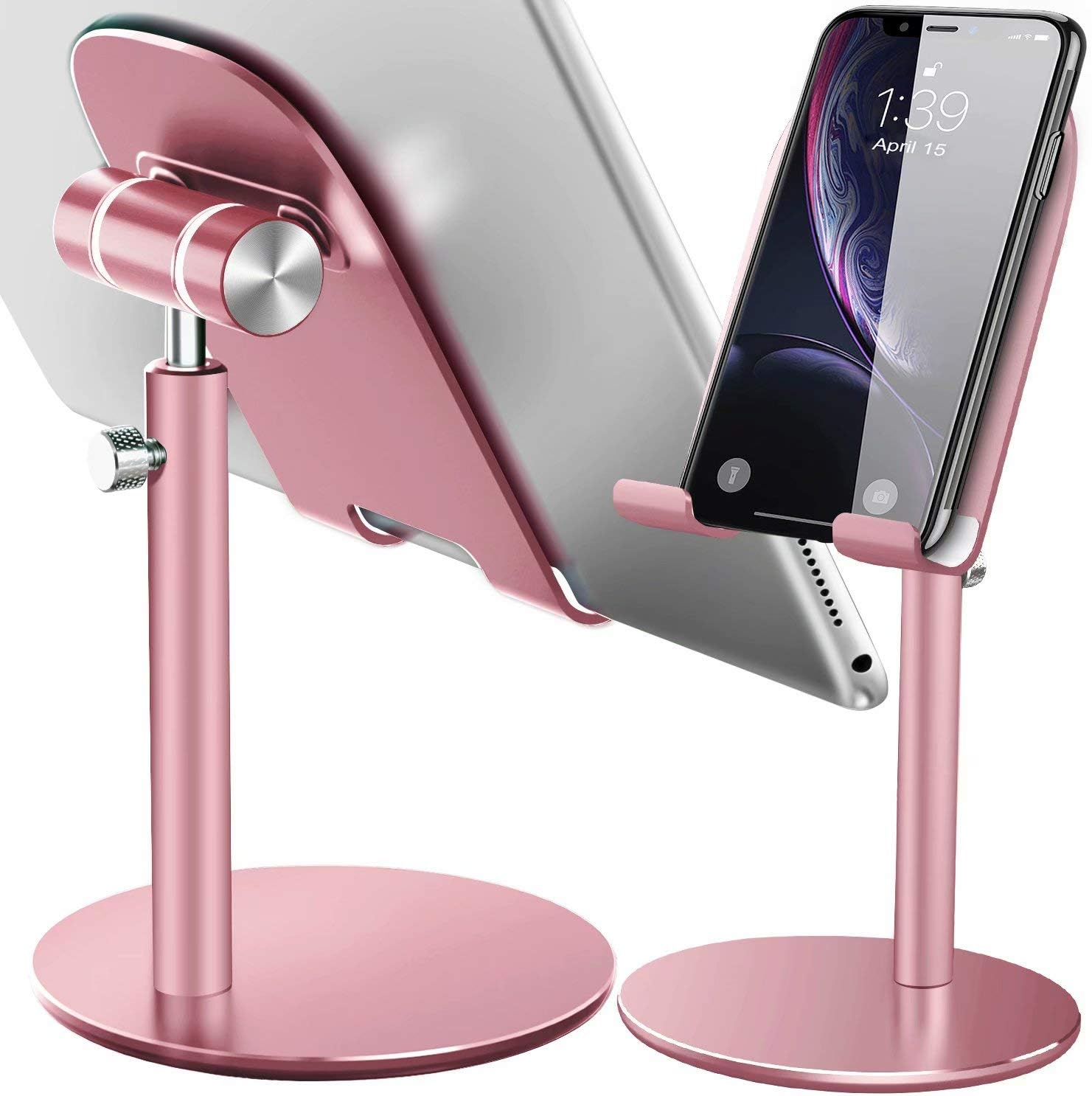 Swhatty Cell Phone Stand Universal Tablet Dock, Angle Height Adjustable Sturdy All Aluminum Alloy Stable Phone Holder for Desk, Compatible with Mobile Phone/iPad 4.7"-12.9" Screen (Rose Gold)