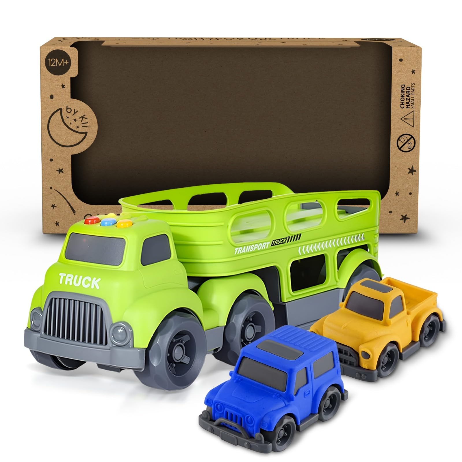 By Kii Car Transporter Truck Toy Set for Toddlers 12+ Months - Durable ABS & PVC Construction, Detachable Trailer with Two Mini Cars for Boys & Girls