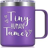LiqCool Daycare Teacher Appreciation Gifts, Tiny Human Tamer Teacher Mug, Daycare Provider Preschool Teacher Gifts for Women, 12 Oz Travel Insulated Novelty Teacher Coffee Mug(Purple)