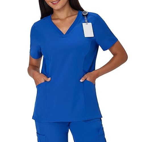 Hanes Women's Scrubs Healthcare Top, Moisture-Wicking Stretch Scrub Shirts, Ribbed Side Panels Royal Blue